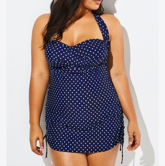 Meet Curve Other - Meet Curve Womens XL Swimsuit Dress Blue Green Polka Dot Ruched Tie Sides NWT